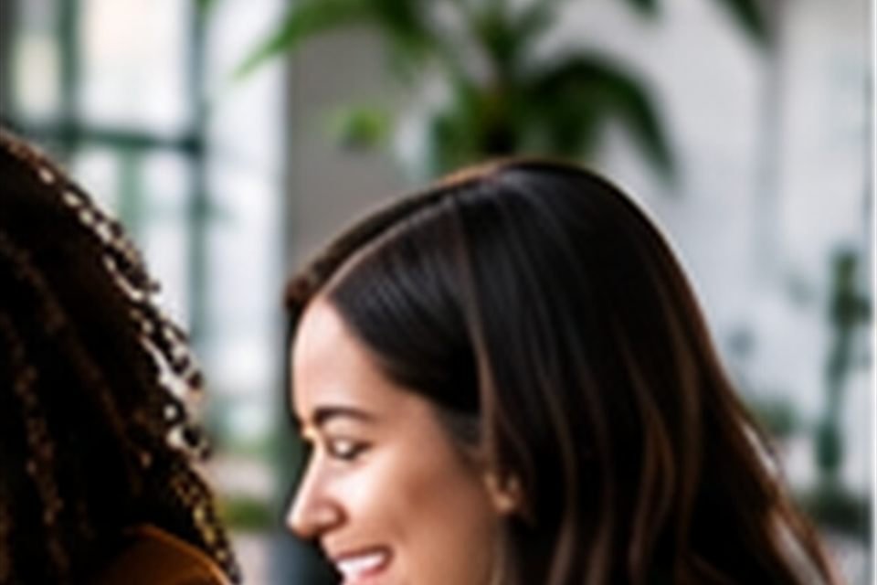 Two women in conversation at a bright cafe table