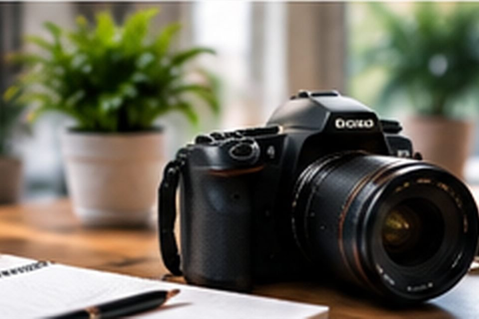 Digital SLR camera with a zoom lens resting on a wooden desk