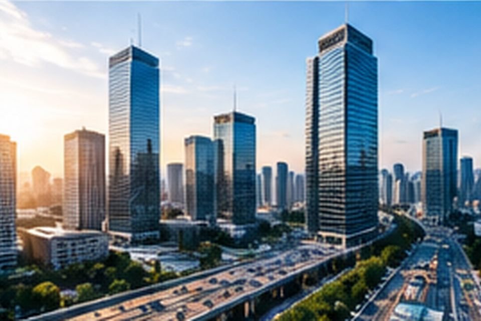City skyline of glass towers above a busy multi-lane highway at golden hour