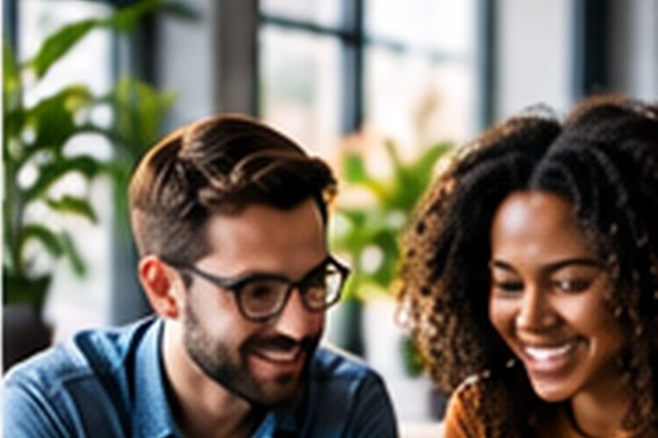 Two colleagues smiling as they review work together on a laptop