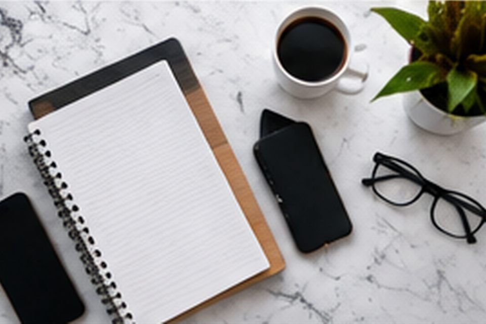 Overhead view of a marble desk with a blank notebook, coffee, phone and glasses