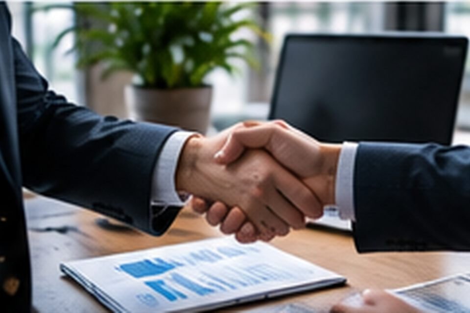 Two people shaking hands across a desk over printed financial reports