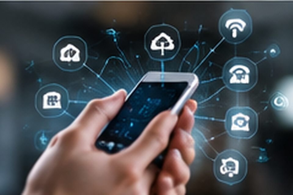 Hand holding a smartphone surrounded by glowing connected-device icons
