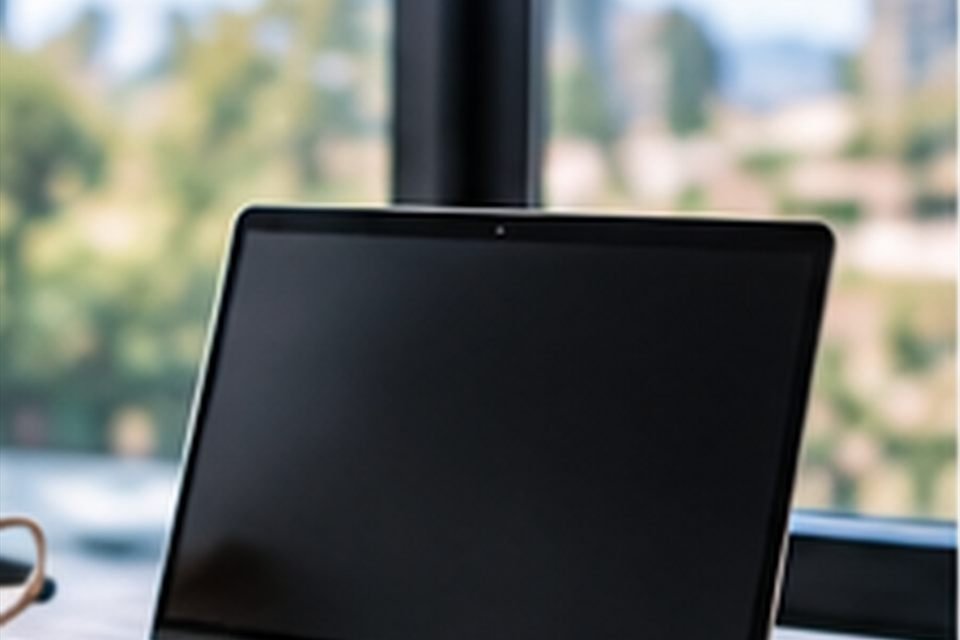 Open laptop on a desk beside a window with city greenery beyond