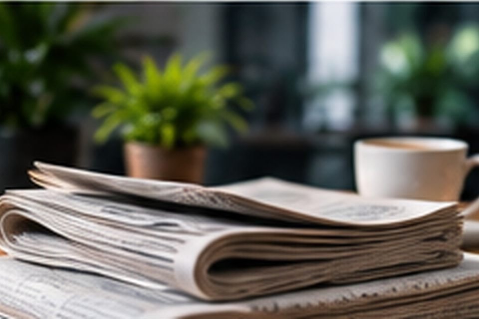 Folded newspapers stacked on a wooden table beside a cup of coffee