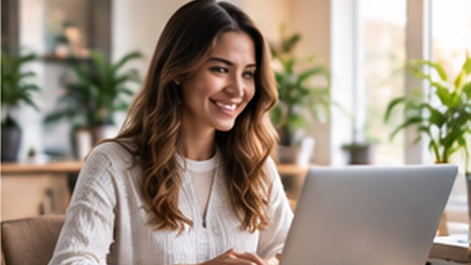 Woman working at a laptop in a bright, plant-filled office