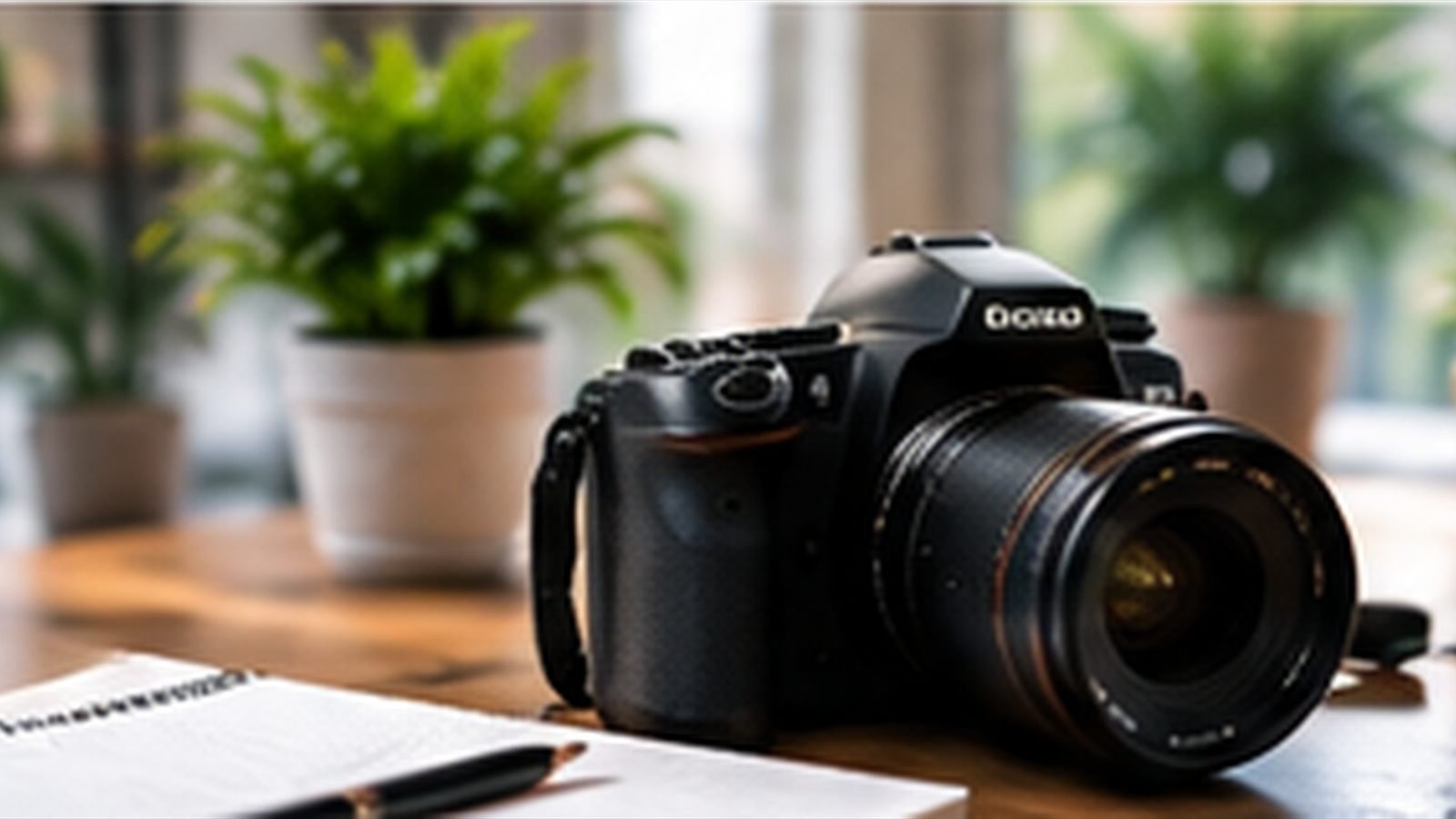 Digital SLR camera and lens on a wooden desk beside a notebook